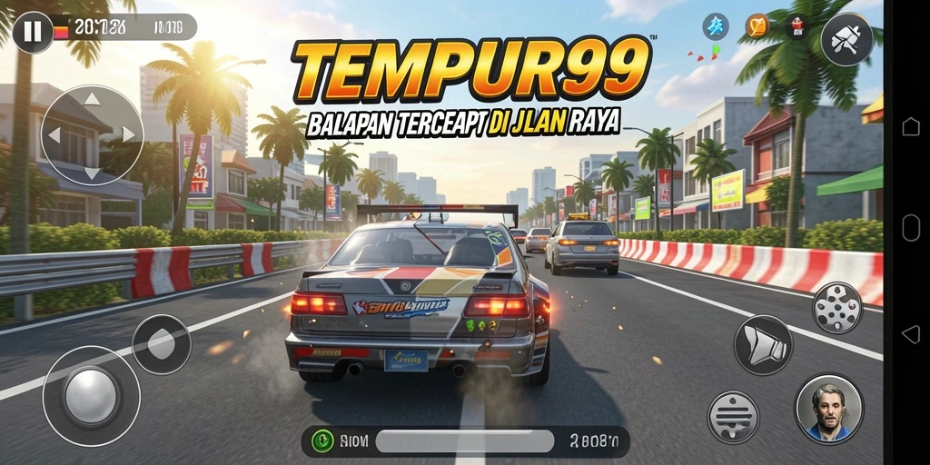 Screenshot TEMPUR99 menampilkan aksi balapan yang mendebarkan.